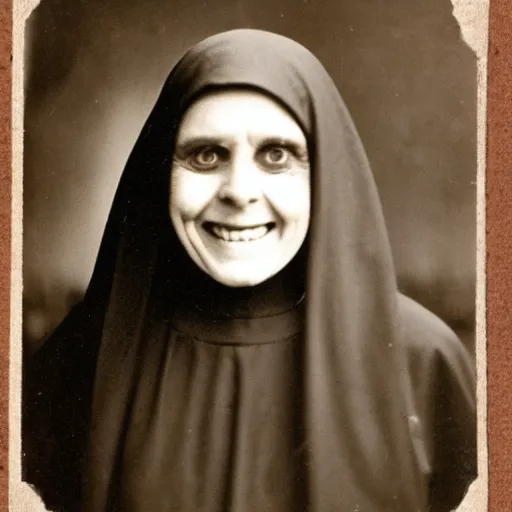 Image similar to antique photograph of an evil catholic nun, crazy eyes wide open, horror, staring at the camera, evil smile, sharp teeth, headshot, dark background, low exposure, cracked and faded, dark