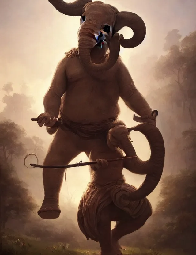 Prompt: painting of a man with an elephant face wearing bard costume and holding a harp, epic, trending on artstation, masterpiece, cinematic lighting, by ross tran and by greg rutkowski