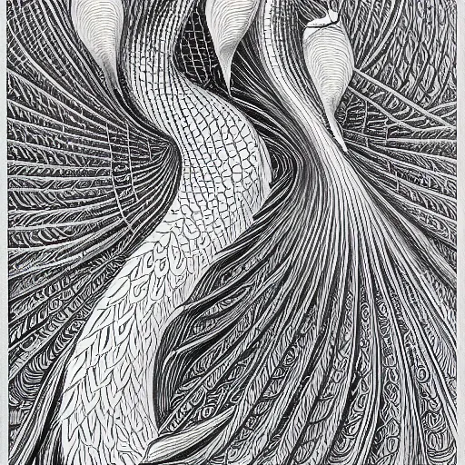 Prompt: highly detailed pencil drawing tesselation of swans and peacocks by Escher