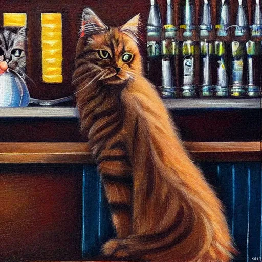 Image similar to of a british longhair cat sitting at the bar next to a beer, cinematic. intricately detailed acrylic painting