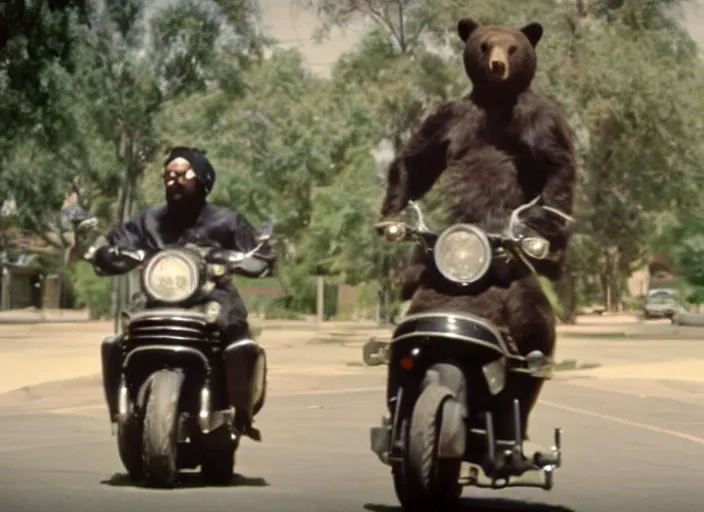 Prompt: film still of a bear wearing a bandana riding a rascal motor scooter in compton ca, 8 k