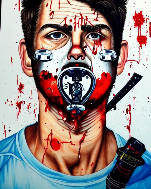 Image similar to portrait of a man wearing oxygen mask, has a sword, blood, a pistol with sea background intricate details with horror side profile by Sandra Chevrier