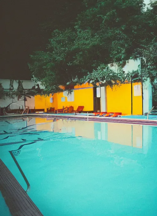 Image similar to photograph of a swimming pool in the style of wes anderson, 5 0 mm, pentax, film