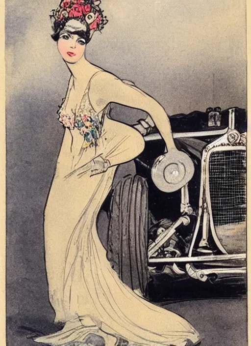 Prompt: Louis Icart, an old elaborate colored drawing of a woman posing eloquently in front of a 1920's car, wearing flowing dress, by Louis Icart, highly detailed, masterpiece