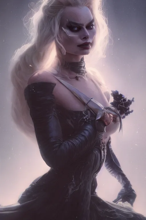 Image similar to a fancy portrait of Margot Robbie as lady death its self by Greg Rutkowski, Sung Choi, Mitchell Mohrhauser, Maciej Kuciara, Johnson Ting, Maxim Verehin, Peter Konig, final fantasy, mythical, macro lens, 35mm, 8k photorealistic, cinematic lighting, HD, high details, atmospheric,