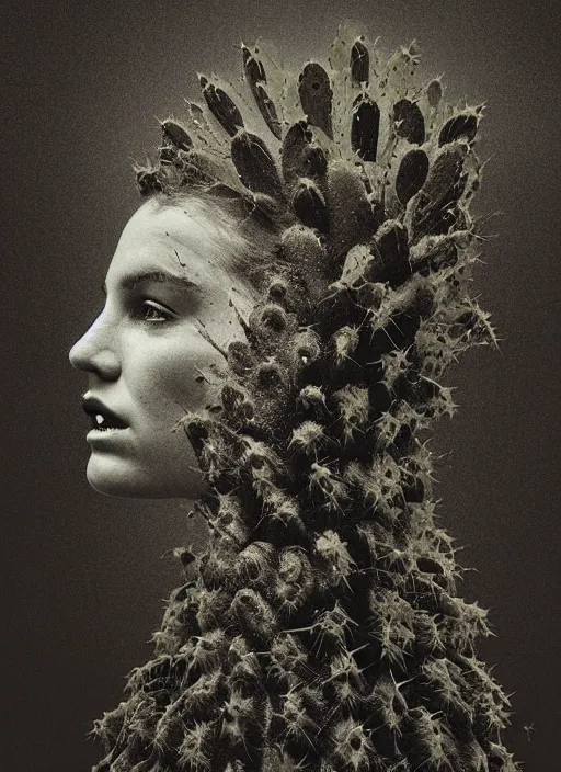 Prompt: a woman's face in profile, made of cactus spines, in the style of the Dutch masters and Gregory Crewdson, dark and moody