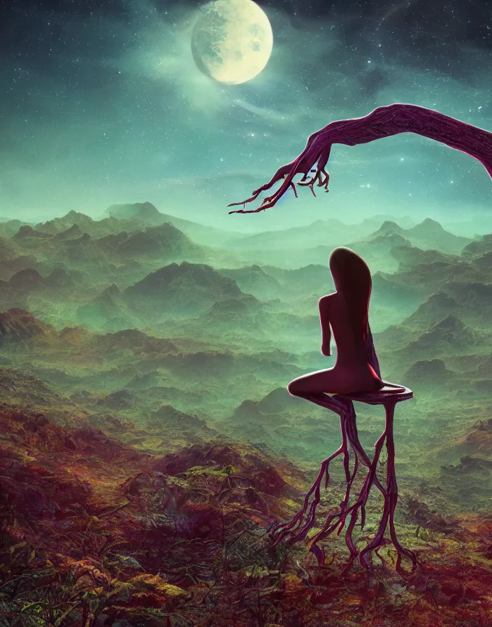 Prompt: Alien contemplating with long limbs sitting on the edge of a celestial forest on another planet, in the style of 1970s sci fi art, vibrant colors, cinematic, high detail, surreal, 8k