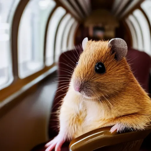 Image similar to photo of a train interior, a brown hamster is sitting on a seat in a train, various poses, unedited, soft light, sharp focus, 8 k