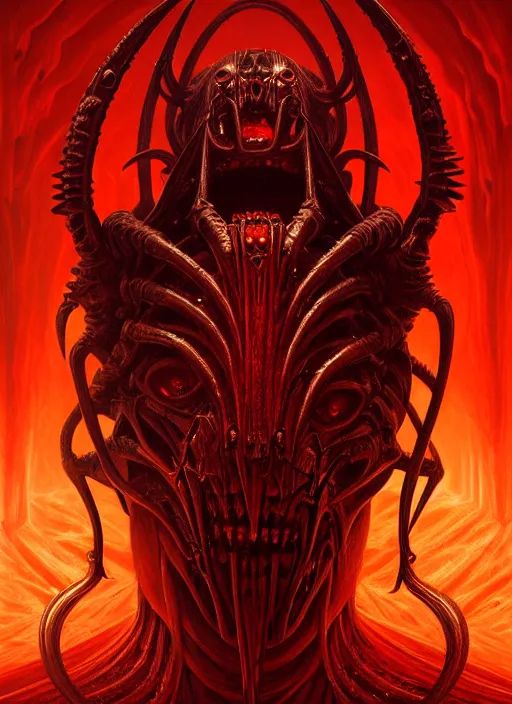 Image similar to masterpiece, his infernal majesty concept art, stylized, elden ring, elegant, imperial, epic, art by h. r. giger, darius zawadzki, josan gonzalez, alexey egorov, biomechanical, crimson darkness, hellscape