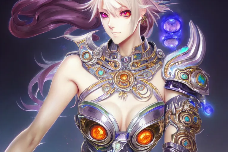 Image similar to anime iridescent opal cyborg shinobi, intricate ornate details, morandi color scheme, fantasy, elegant, highly detailed, wide angle, digital painting, artstation, concept art, smooth, sharp focus, illustration, wallpaper, splash art, league of legends, art by artgerm and greg rutkowski and alphonse mucha and jin xiaodi