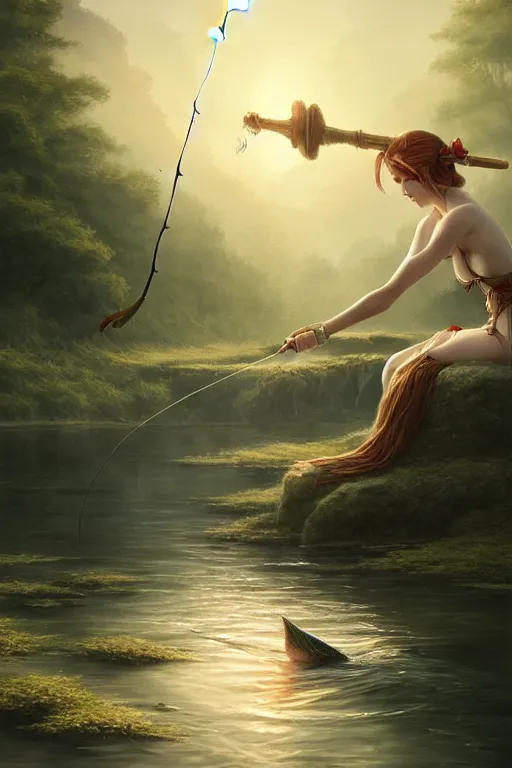 Prompt: elegant elf fishing in lake, highly detailed, d & d, fantasy, highly detailed, digital painting, trending on artstation, concept art, sharp focus, illustration, global illumination, ray tracing, realistic shaded, art by artgerm and greg rutkowski and fuji choko and viktoria gavrilenko and hoang lap