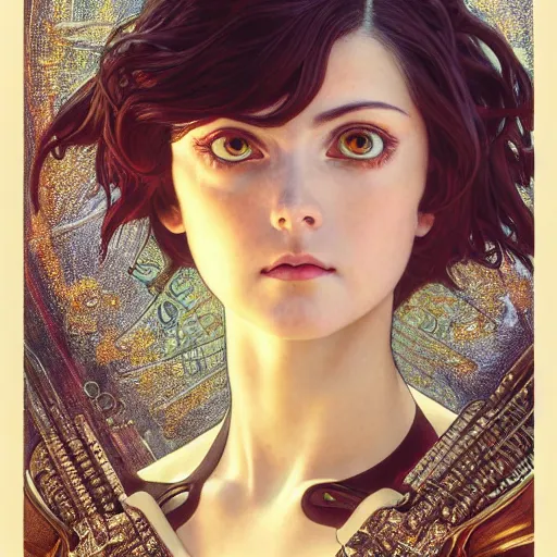 Image similar to Masterpiece portrait of battle angel Alita drawn by Donato Giancola and Tom Bagshaw, face by Artgerm and Edmund Leighton, Alphonse Mucha, background by James Jean and Gustav Klimt, 4k, robotic body, volumetric Lighting, porcelain skin, komorebi, french nouveau, trending on pixiv, octane render, hyperrealistic