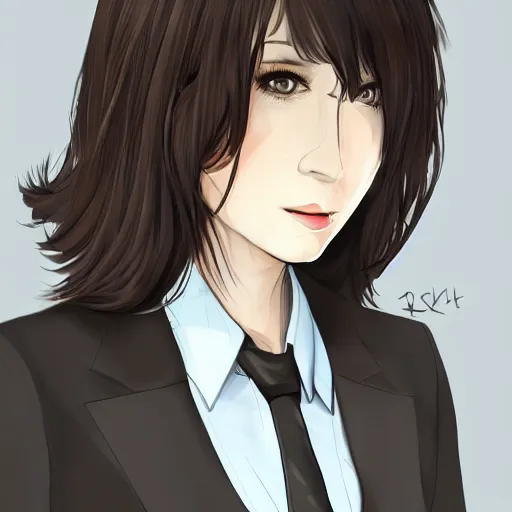 Image similar to woman in black business suit, chill, light brown neat hair, pixiv, fanbox, trending on artstation, portrait, digital art, modern, sleek, highly detailed, formal, serious, determined, blue tie, lawyer, colorized, smooth, charming, pretty, briefcase, safe for work