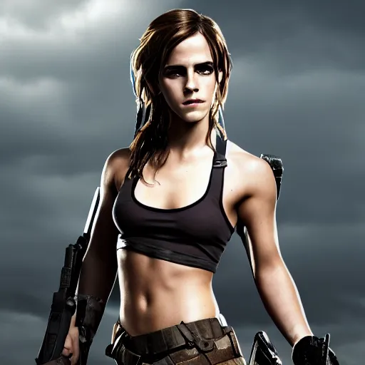 Image similar to Emma Watson full shot modeling as Lara Croft, (EOS 5DS R, ISO100, f/8, 1/125, 84mm, postprocessed, crisp face, facial features)