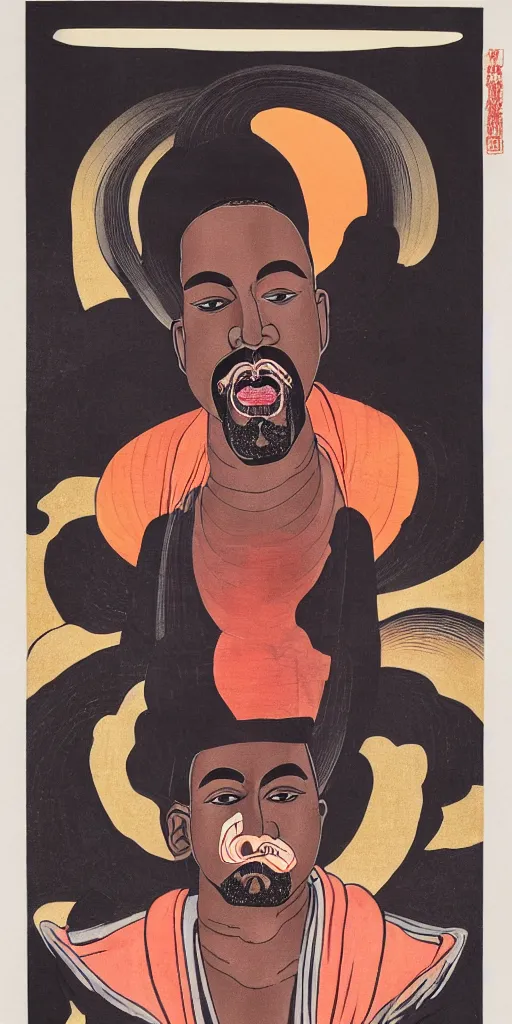 Image similar to a portrait of saint kanye west, kabuki makeup, eating a giant psychedelic mushroom, ukio-e style, symmetrical