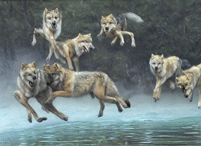 Prompt: a group of wild wolves jumping into a pool, oil painting by ralph maquarrie and james gurney, soft edges, subtle colours