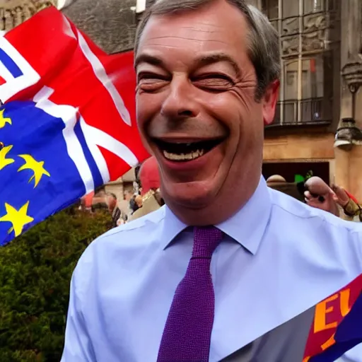 Image similar to nigel farage laughing holding burning eu flag, photograph, hd