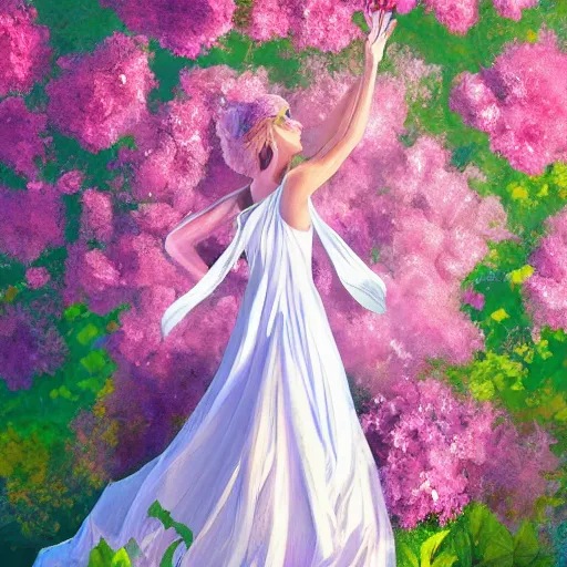 Prompt: a beautiful elegant flower princess wearing white robes floating in the air surrounded by pink - blue - white hydrangeas, portrait, oil pastels, perfect face, reaching towards the sky, white mood lighting, volumetric light, character concept art, digital art, trending on artstation