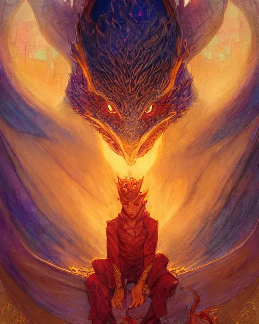 Image similar to smaug the dragon with soul stone in fore head, highly detailed, gold filigree, romantic storybook fantasy, soft cinematic lighting, award, disney concept art watercolor illustration by mandy jurgens and alphonse mucha and alena aenami, pastel color palette, featured on artstation