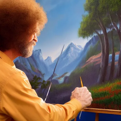 Image similar to a closeup photorealistic photograph of bob ross working on a canvas painting of spiderman. film still. brightly lit scene. mountains and trees. this 4 k hd image is trending on artstation, featured on behance, well - rendered, extra crisp, features intricate detail, epic composition and the style of unreal engine.