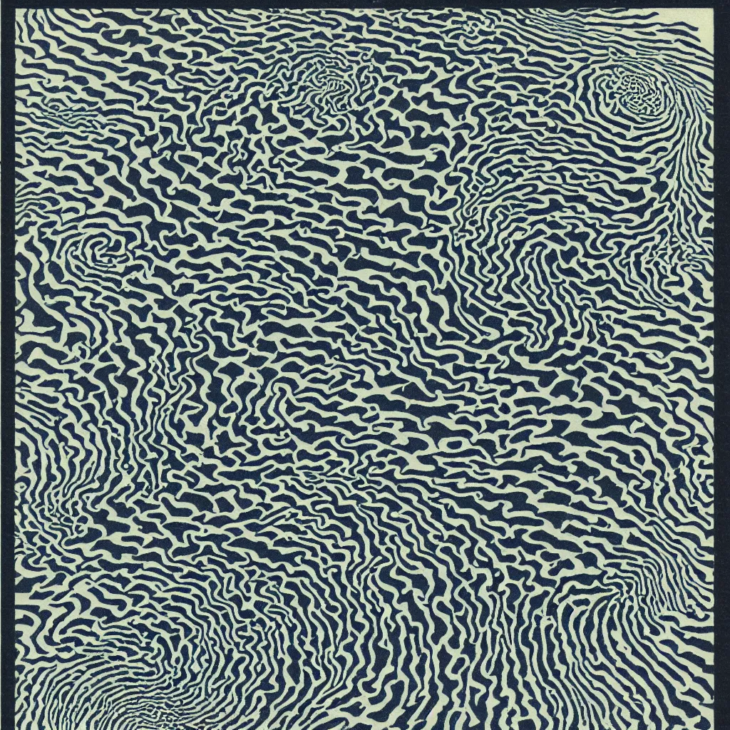 Prompt: optical illusion woodblock print, water fractal stamp pattern