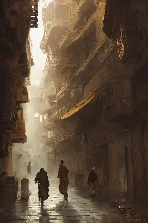 Image similar to the streets of old Cairo at the time of the pharaohs, intricate, elegant, volumetric lighting, digital painting, highly detailed, artstation, sharp focus, illustration, concept art, ruan jia, steve mccurry