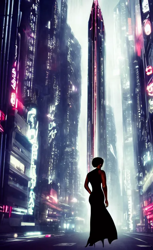 Prompt: an elegant Black woman in dress and heels, her back is to us, looking at a futuristic Blade Runner city