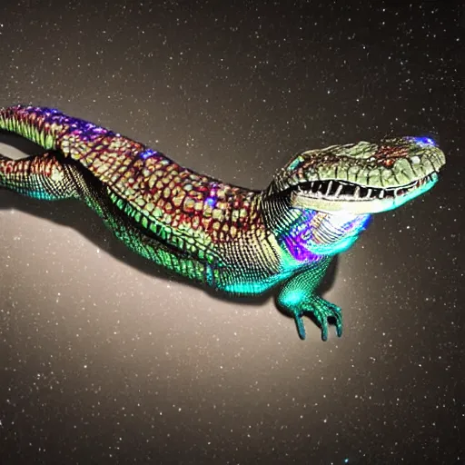 Image similar to a reptilian humanoid in a hooded cloak has luminescent scales that alternate neon coloring, the eyes are black and highly reflective, wet, stars in background, unreal engine 5 render, hyper realistic,