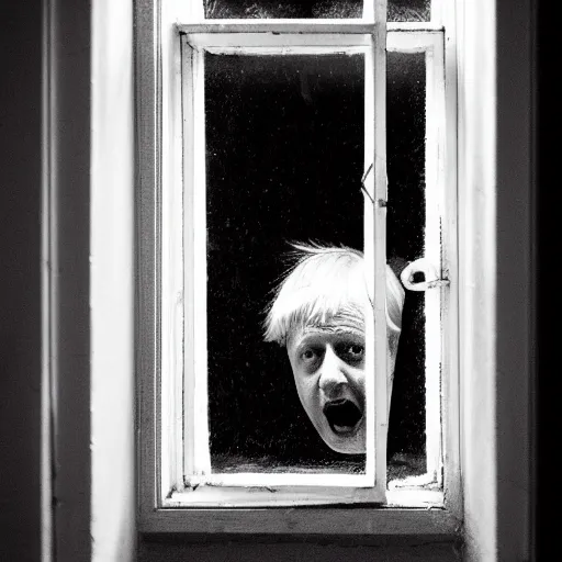 Image similar to photo of the inside of a dark old rainy bedroom window at night with the curtains pulled back, dimly lit creepy | screaming face of boris johnson staring in and pressing his bloody face and hands against the window, horror, scary face, demonic face,