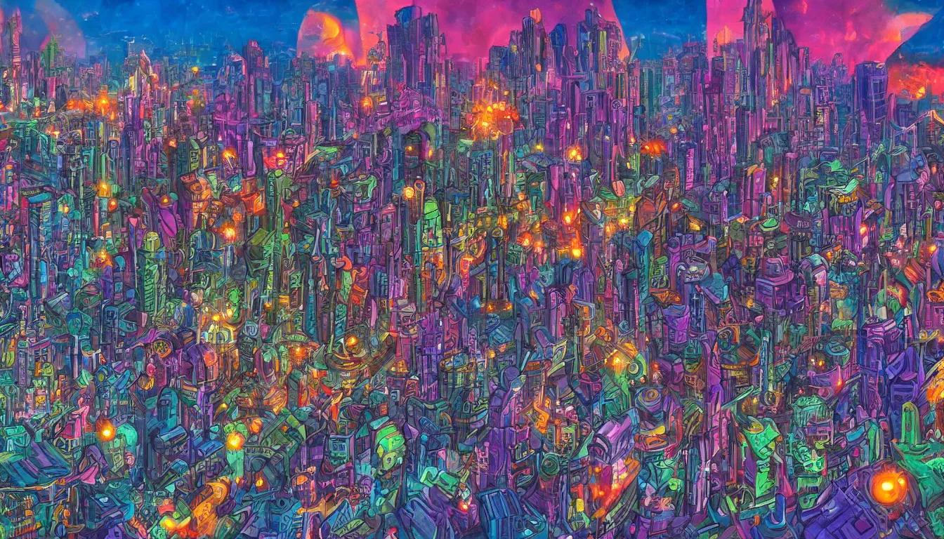 Prompt: surreal colorful nightmarish cityscape, 4k artwork by Ralph Bakshi