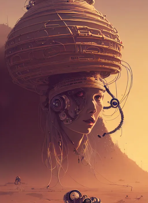 Image similar to highly detailed portrait of a robotoc cyborg long curly white hair nomadic tribal lady, stray wiring by atey ghailan, james gilleard, by joe fenton, by greg rutkowski, by greg tocchini, by kaethe butcher, 4 k resolution, gradient yellow, black and white color scheme!!! ( ( sandstorm robotic pyramid landscape background ) )