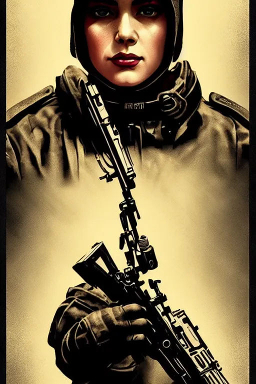 Image similar to beautiful cinematic world war 3 screen printing poster, hybrid from Obey and art direction by Shepard Fairey ;by artgerm; wayne reynolds art station; cinematic quality character render; low angle; ultra high quality model; production quality cinema model;