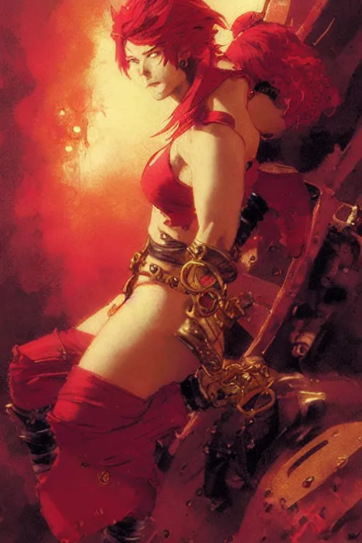 Image similar to female pirate captain in a red pirate outfit with a red pirate hair lying on a pile of gold coins anime portrait dnd, painting by gaston bussiere, craig mullins, greg rutkowski, yoji shinkawa