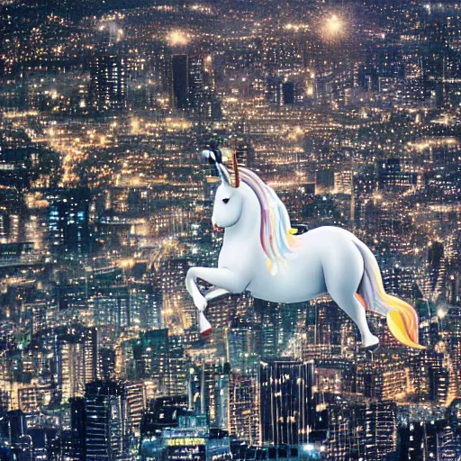 Prompt: unicorn flying above a city, whool universe