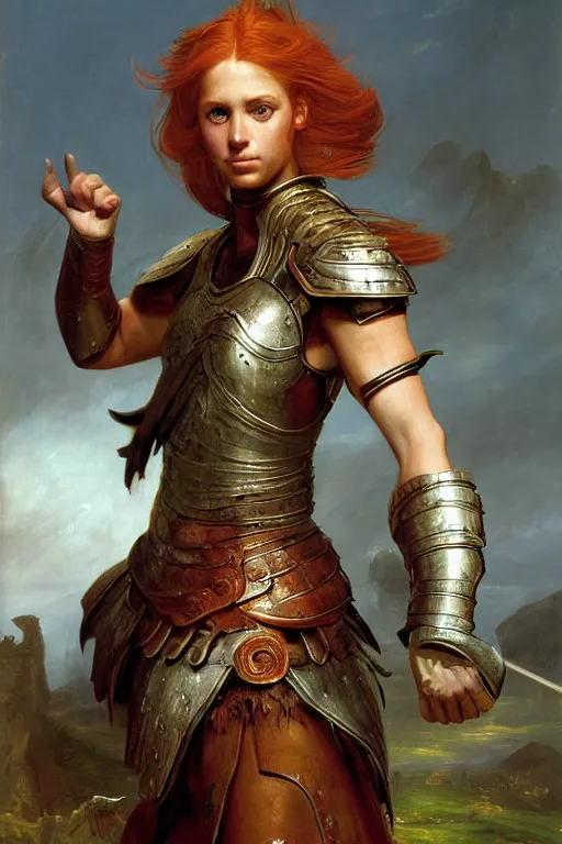 Image similar to beautiful female warrior, half body portrait, ginger hair, ornate armour, hand outstretched and pointing to the distance, realistic oil painting by Thomas Cole and Wayne Barlowe