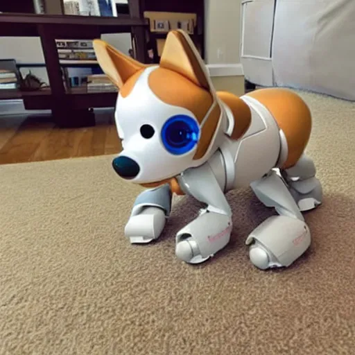Prompt: photo of a sony aibo dog robot that resembles doge the shiba - inu, in a sunny suburban living - room. it is made of plastic and metal.