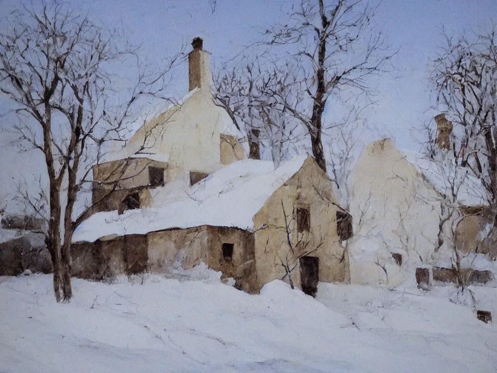 Prompt: Old deserted house filled with snow. Painting by Antonio Lopez Garcia