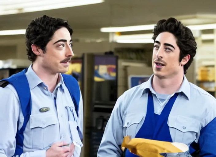 Image similar to film still of ben feldman!!! as jonah simms wearing his blue vest uniform, in superstore, 2 0 1 5