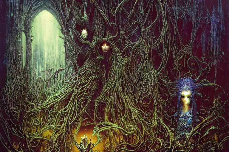 Image similar to knight in enchanted lovecraftian garden by jean delville, luis royo, beksinski, grimshaw