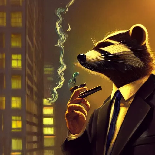 Image similar to a racoon wearing a suit smoking a cigar on his mouth, dramatic lighting, cinematic, establishing shot, extremly high detail, photorealistic, cinematic lighting, artstation, style by James Gurney