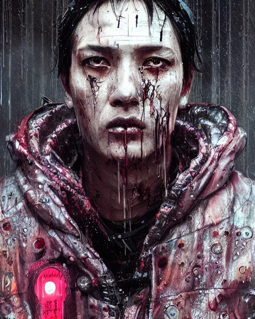 Image similar to detailed portrait, corrupt, virus, zombie, rain, cyberpunk futuristic neon, reflective puffy coat, decorated with traditional japanese ornaments by ismail inceoglu dragan bibin hans thoma greg rutkowski alexandros pyromallis nekro rene maritte illustrated, perfect face, fine details, realistic shaded, fine - face, pretty face