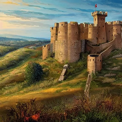 Prompt: a medieval fortress standing on a hill over the countryside, painted by j scott campbell