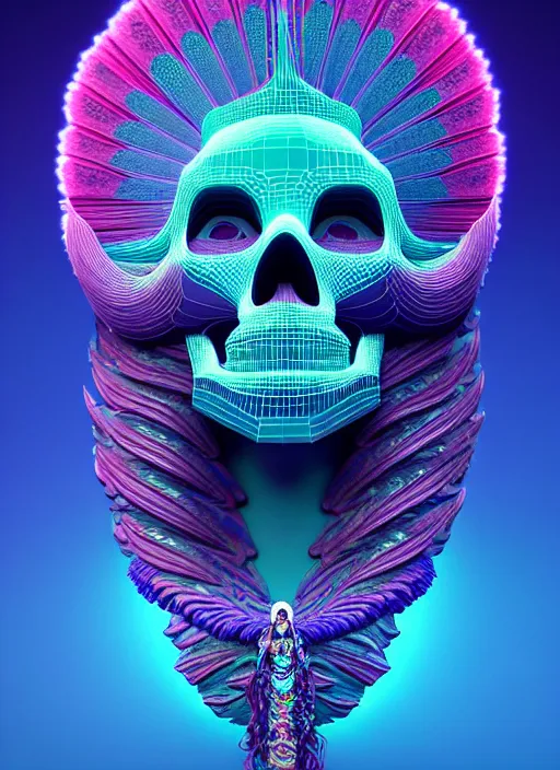 Image similar to 3 d goddess profile portrait, sigma 5 0 0 mm f / 5. beautiful intricate highly detailed quetzalcoatl skull and feathers. bioluminescent, plasma, lava, ice, water, wind, creature, thunderstorm! artwork by tooth wu and wlop and beeple and greg rutkowski, 8 k trending on artstation,