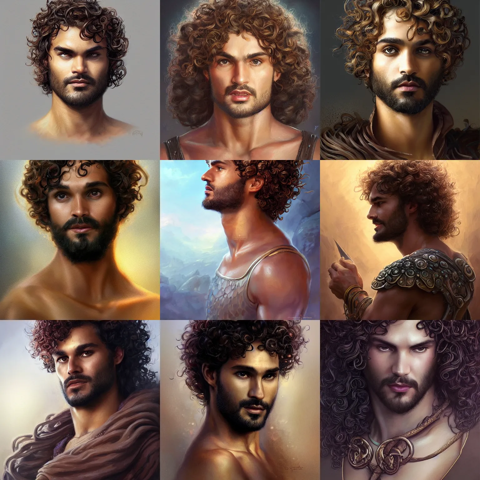 Prompt: dionysus, marlon teixeira, curly hair, no beard, tunic, d & d, fantasy, portrait, highly detailed, digital painting, trending on artstation, concept art, sharp focus, illustration, art by artgerm and greg rutkowski and magali villeneuve