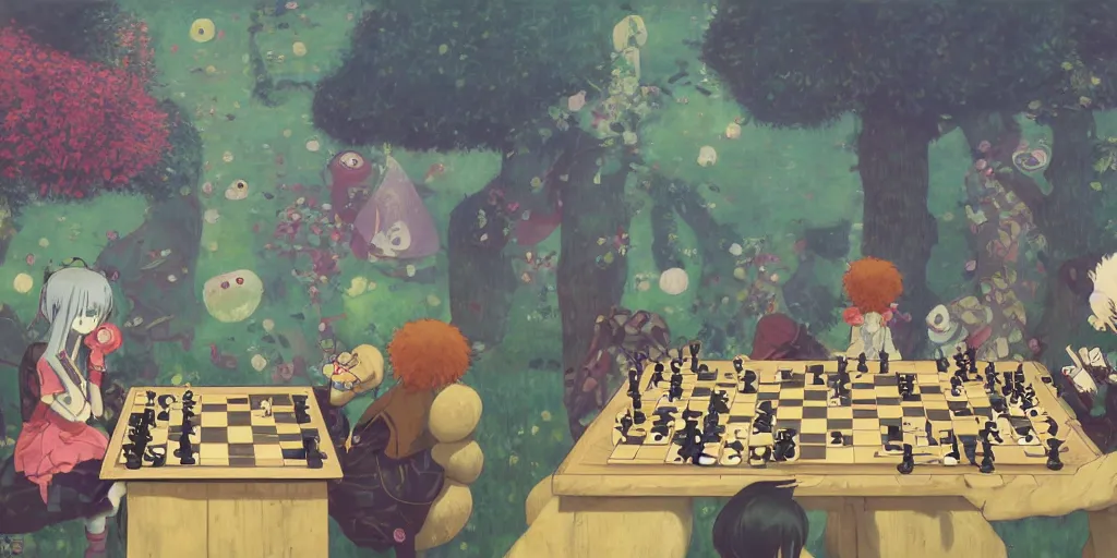 Prompt: cute anime monsters playing chess by Klimt and Goro Fujita and Simon Stalenhag and Kandinsky and Magritte, 8k, trending on artstation, hyper detailed, cinematic