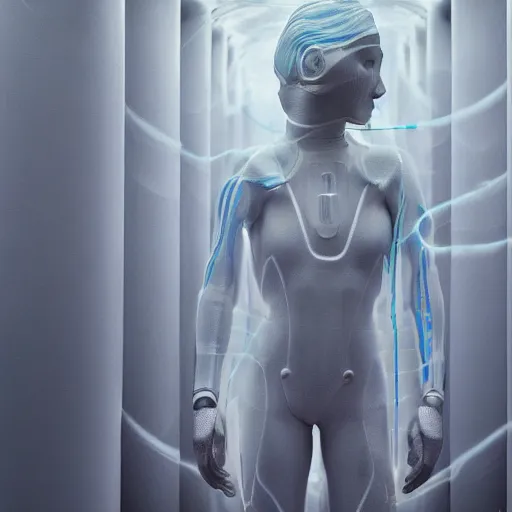 Prompt: futuristic female soldier suspended by many plastic tubes in water inside glass tank. wearing light blue complex hyperdetailed technical suit. white hair flowing. reflection. rays and dispersion of light. volumetric light. 5 0 mm, f / 3 2. noise film photo. ultra realistic, wide angle. beksinski, dang my lihn