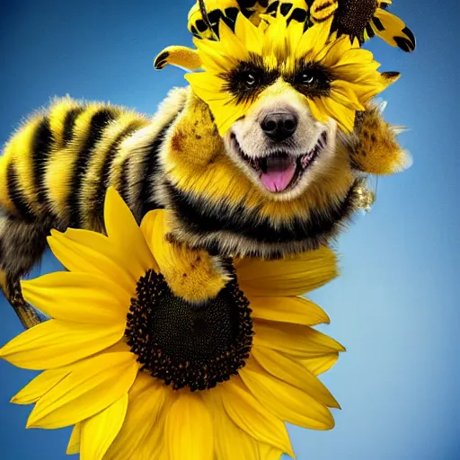 Prompt: bumblebee dog with bumblebee coat wearing a sunflower covered in bumblebees as a hat, photo realistic, studio lighting, realistic shadows, 4 k