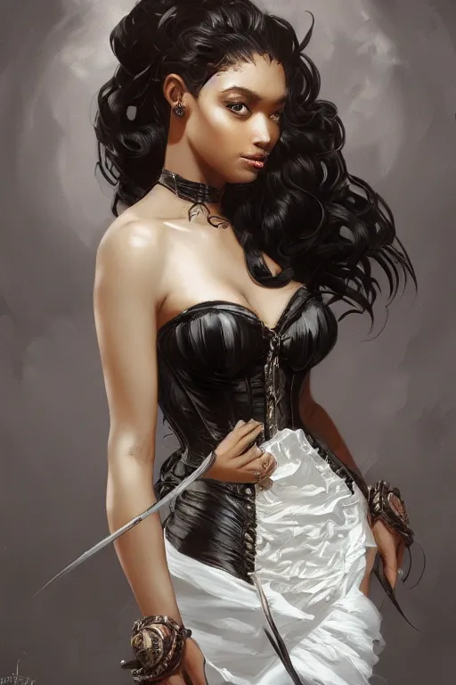 Image similar to cute black woman wearing a white corset dress, fantasy, intricate, highly detailed, digital painting, artstation, concept art, wallpaper, smooth, sharp focus, illustration, art by artgerm and greg rutkowski and alphonse mucha