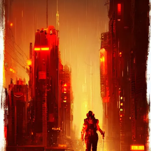 Prompt: cyberpunk orange fluffy cat, red symbol, futuristic, brush strokes, oil painting, city background, greg rutkowski