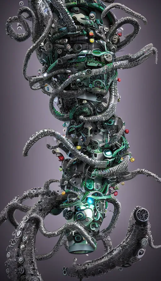 Prompt: a single bio mechanical tentacle, robotic but also organic, made up of lots of small parts, wet, shiny, horror, clinical, cyberpunk, vaporwave, futuristic, octane render, 8k, hyper realistic, super detailed